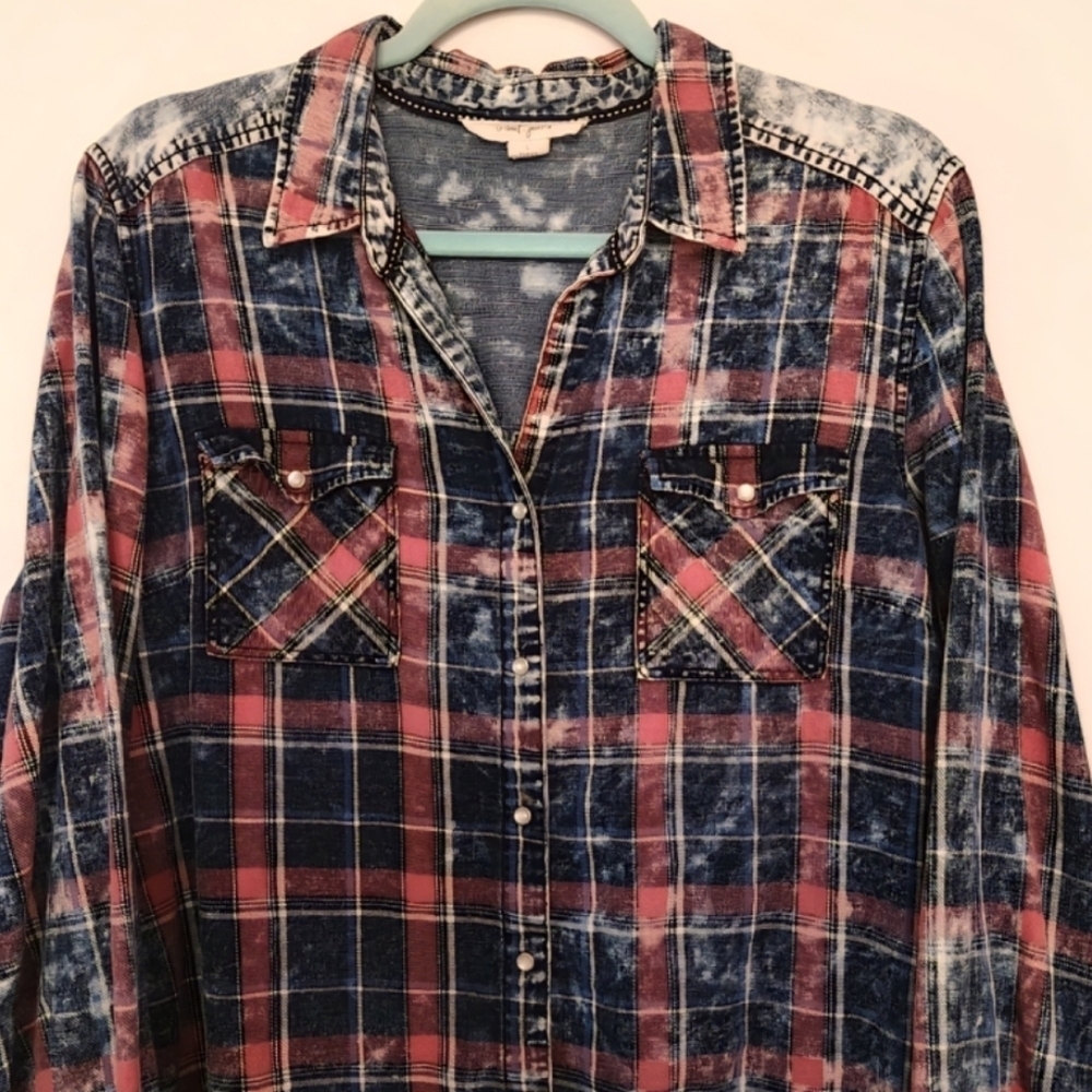 Tribal Jeans Denim Plaid Button Down Shirt Blue Red Long Sleeves Womens Large - Picture 3 of 9